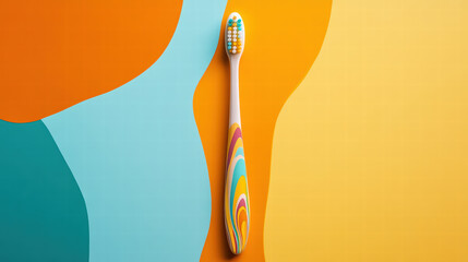 colorful toothbrush with whimsical design rests on vibrant background of orange, blue, and yellow waves, adding playful touch to dental care