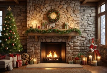 Holiday decorations on a wooden mantel above a stone fireplace with a decorated Christmas tree centerpiece, floral arrangements, wooden mantel