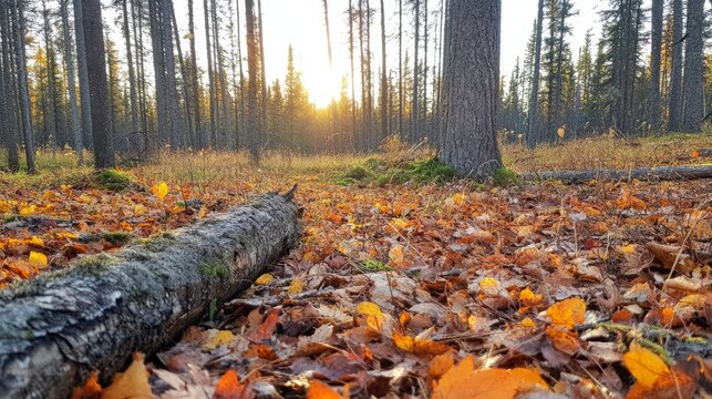 Fallen log in autumn forest at sunset, golden leaves covering the ground, sun rays illuminating the trees, showcasing nature's beauty for peaceful backgrounds
