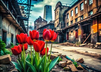 Obraz premium Grunge urban exploration: red tulips soften the harsh lines of a decaying industrial cityscape.