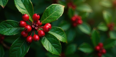 Fototapeta premium Inkberry holly shrub with red berries and glossy leaves, inkberry holly, trees, berries