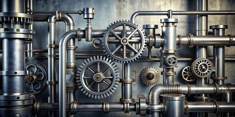 Industrial style metal machinery sitting on a silver background with pipes and gears, manufacturing, workshop, production, industrial, pipe