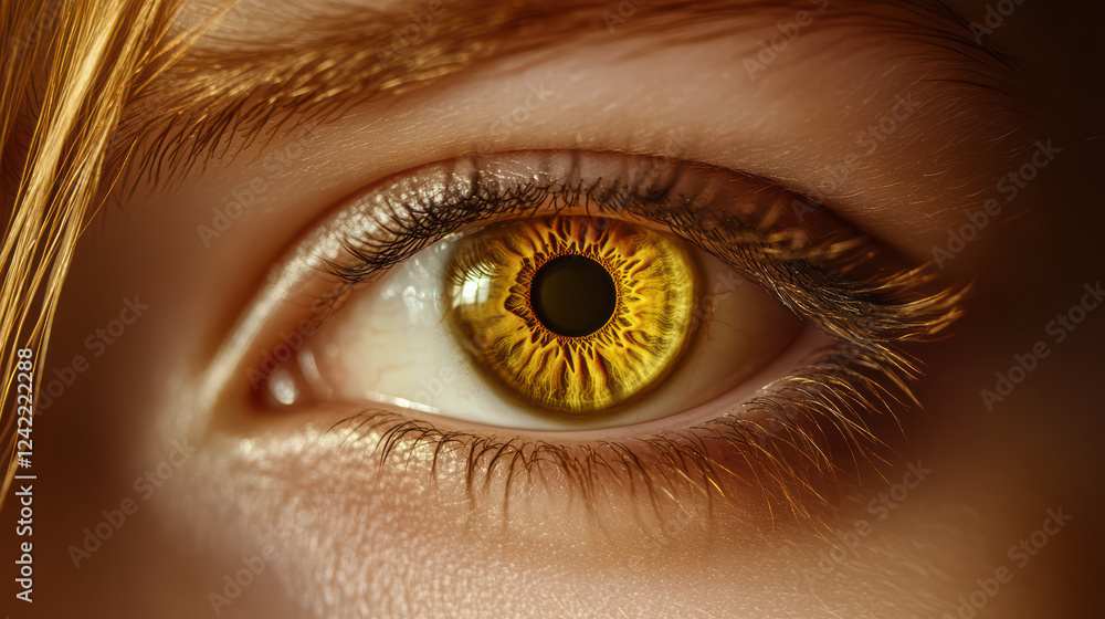 Poster vibrant eye with unique contact lens design, showcasing intricate patterns and striking golden hue. 