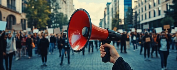 Activist holding megaphone leading demonstration for social justice