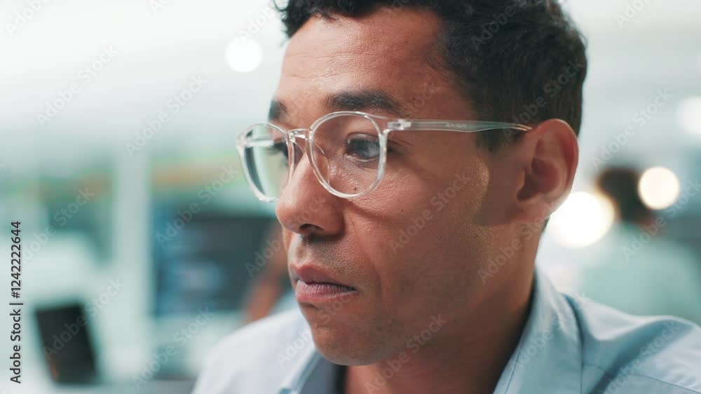 Aufkleber Programmer, face and man on technology for research, project and cybersecurity update in office. Glasses, coding and developer with computer for web development, programming and building software