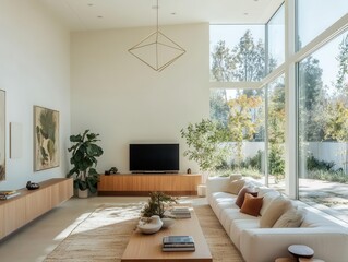 Fototapeta premium modern minimalist living room flooded with natural light, featuring sleek floating media console, geometric pendant lamp, and trailing indoor plants