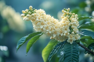 Delicate yellow-white flowers bloom surrounded by glossy green leaves. Generative AI