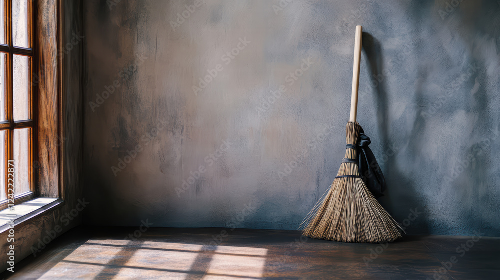 Aufkleber vintage broom propped up in cozy corner of room, creating warm and inviting atmosphere. soft light f