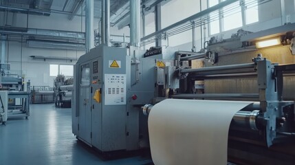 Industrial Paper Production: Large Roll of Paper on a Modern Manufacturing Machine in a Factory Setting