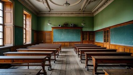 Charming vintage classroom with wooden benches and classic design