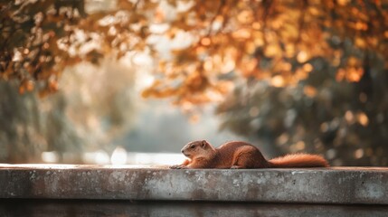 Squirrel Resting on a Stone Surface Surrounded by Autumn Leaves
