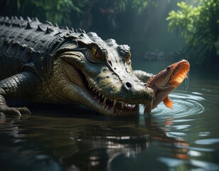 Obraz premium Large alligator with strong jaws gripping a fish in the water, prey, nature