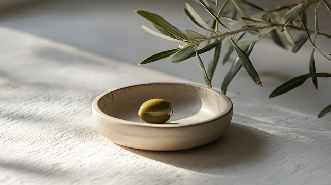 A single olive rests in a simple, speckled bowl, illuminated by soft sunlight. An olive branch adds a touch of nature.
