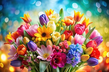 Obraz premium High-resolution image of diverse, colorful spring flowers, ideal for botanical or floral design projects.