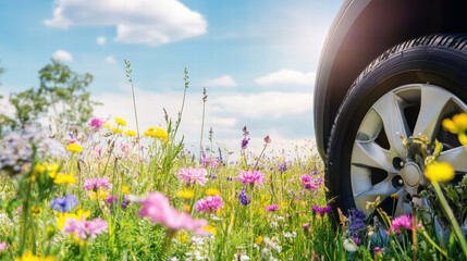 car tire rests in vibrant field of wildflowers under bright sky, creating serene and picturesque scene. colorful blooms contrast beautifully with vehicle, evoking sense of adventure and nature