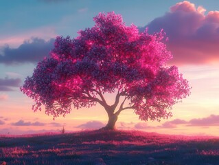 mystical tree with luminous pink-blue gradient foliage against surreal twilight sky, fantasy landscape composition