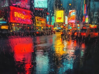 neon-drenched times square at night through rain-streaked glass, reflective puddles creating mirror images of billboards, cinematic mood