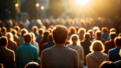 Contemplative individual amidst sunlit crowd of enlightenment