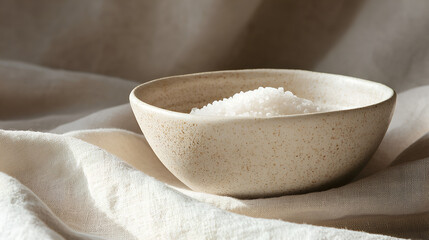 A small bowl of salt sits on a linen cloth, bathed in soft light. Simple, serene, and subtly textured.
