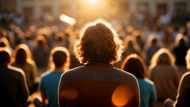 Contemplative figure in sunlit crowd of enlightenment
