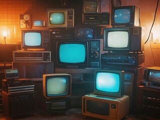 nostalgic arrangement of retro televisions from different decades, warm analog glow, vintage electronics aesthetic