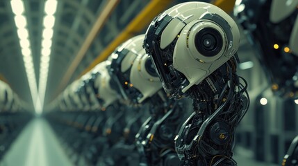 Fototapeta premium Assembly Line of Advanced Humanoid Robots in Futuristic Factory Setting