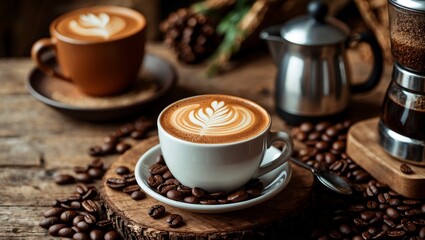 Cozy coffee experience with frothy cappuccino delight