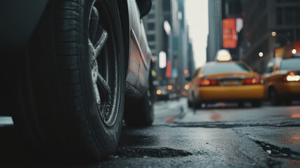 Urban street scene featuring car tires on busy road, with yellow taxis in background. wet pavement reflects city lights, creating dynamic atmosphere