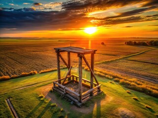 Fototapeta premium Historic gallows, stark against a bleak landscape, viewed from above by a drone; a haunting aerial image.
