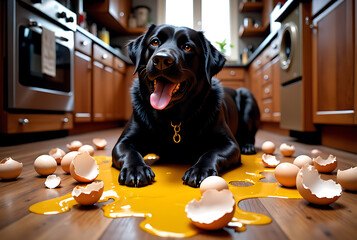 "Mischievous Labrador in the Kitchen with Broken Eggs"