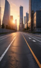 Fototapeta premium Lonely asphalt road stretching into the distance between sleek skyscrapers at sunset, modern architecture, empty streets