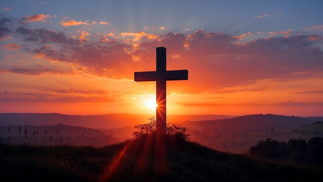 Cross silhouetted in a tranquil sunset landscape - Powered by Adobe