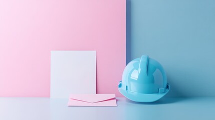 Blue hardhat, pink envelope, and blank card on pastel background; construction safety communication