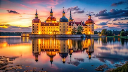 Fototapeta premium Illuminated Moritzburg Castle, a dark and romantic German fairytale, beautifully photographed at night in Saxon Switzerland.