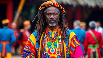 Dignified man in vibrant traditional attire with dreadlocks