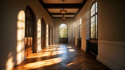 Dramatic corridor bathed in sunlight and shadows