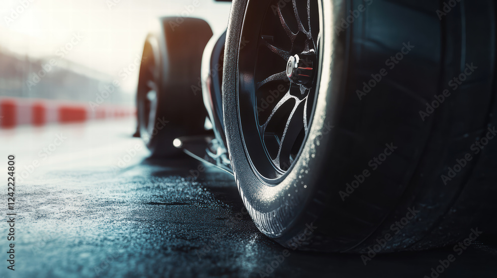 Poster high performance car tire on wet racetrack, showcasing intricate tread patterns and reflections. sce