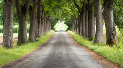 Obraz premium serene rural road lined with tall trees, creating peaceful atmosphere. path leads into distance, inviting exploration and tranquility