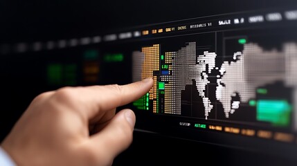Close-up of a hand interacting with a digital financial chart displaying global data trends