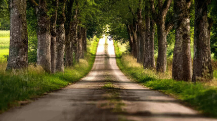 Fototapeta premium serene rural road lined with trees, leading into lush green landscape, evokes sense of tranquility and adventure