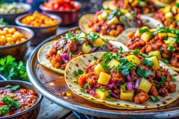 Juicy al pastor, slow-roasted perfection. Panoramic view captures sizzling pork, fresh toppings, and warm tortillas.