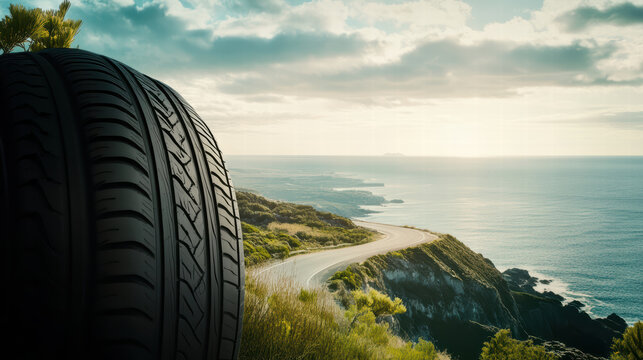 close up of car tire on scenic coastal road, with beautiful ocean view in background. image captures essence of adventure and freedom