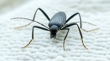 Fototapeta premium Close-Up of a Black Insect on Soft White Fabric Textiles Surface
