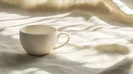 A simple white mug rests on a softly draped, light-colored fabric, bathed in sunlight.
