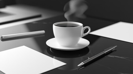 Steaming coffee on desk, papers, pens, meeting