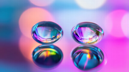 Colorful contact lenses reflect vibrant hues on smooth surface, creating mesmerizing visual effect. interplay of light and color evokes sense of wonder and beauty