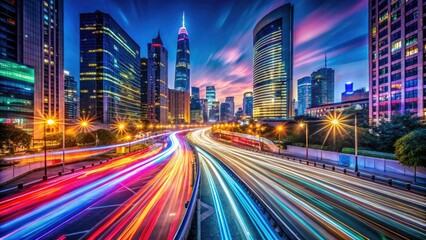 Fototapeta premium Long exposure reveals glowing trails, abstract light paintings, and blurred city lights in urban street photography.