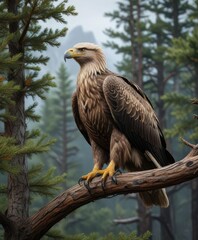 Obraz premium Majestic white tailed eagle perched on pine tree branch, nature, forest, close-up