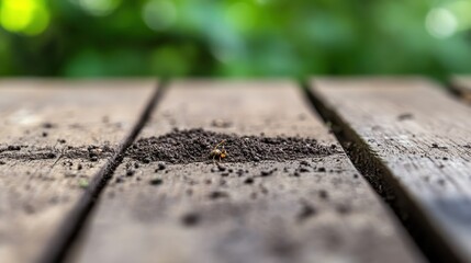 Fototapeta premium Close-Up of Soil on Wooden Surface with Blurred Green Background