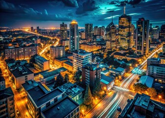 Fototapeta premium Low light, long exposure photography reveals a dramatic cityscape, urban exploration at night.